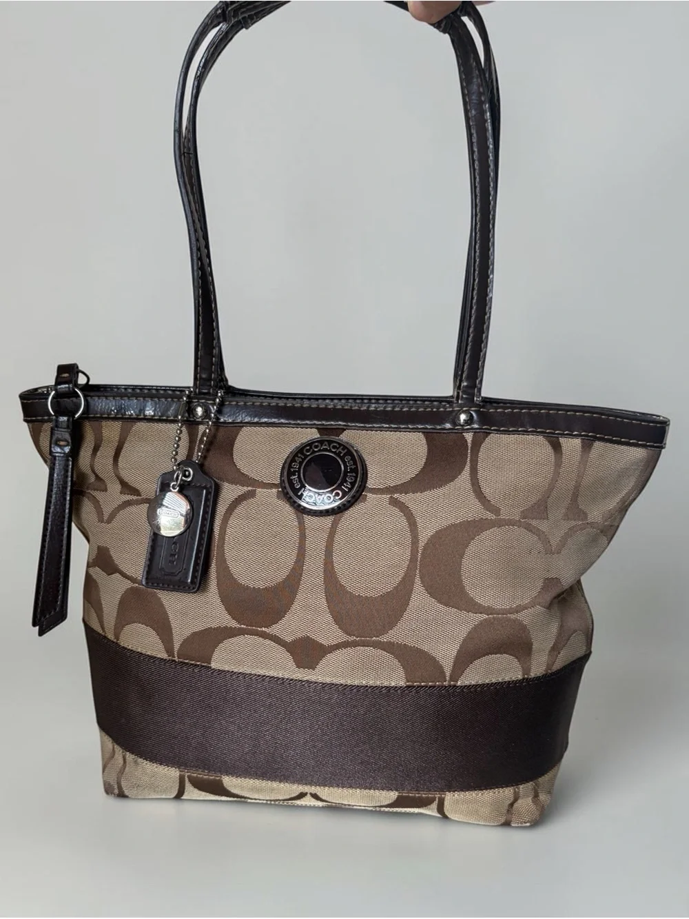 Coach Signature Jacquard Monogram Stripe Khaki Mahogany tote handbag F17433